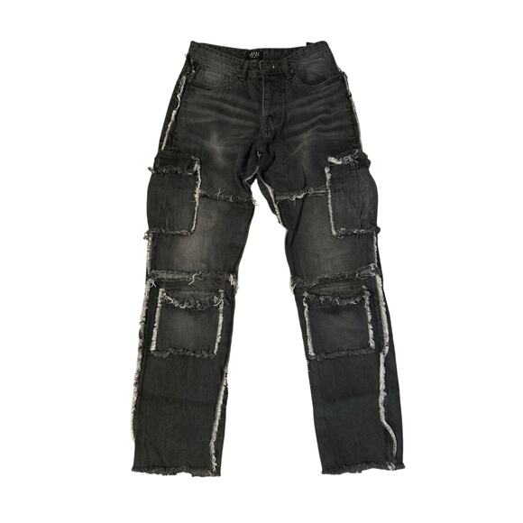 NWOT boohooMAN Black Cargo Jeans Reversed Seams Button Fly Size 30x31 - Picture 1 of 5